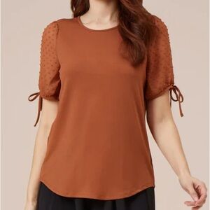 SCOOP NECK TOP WITH SWISS DOT SHORT SLEEVES IN TERRACOTTA